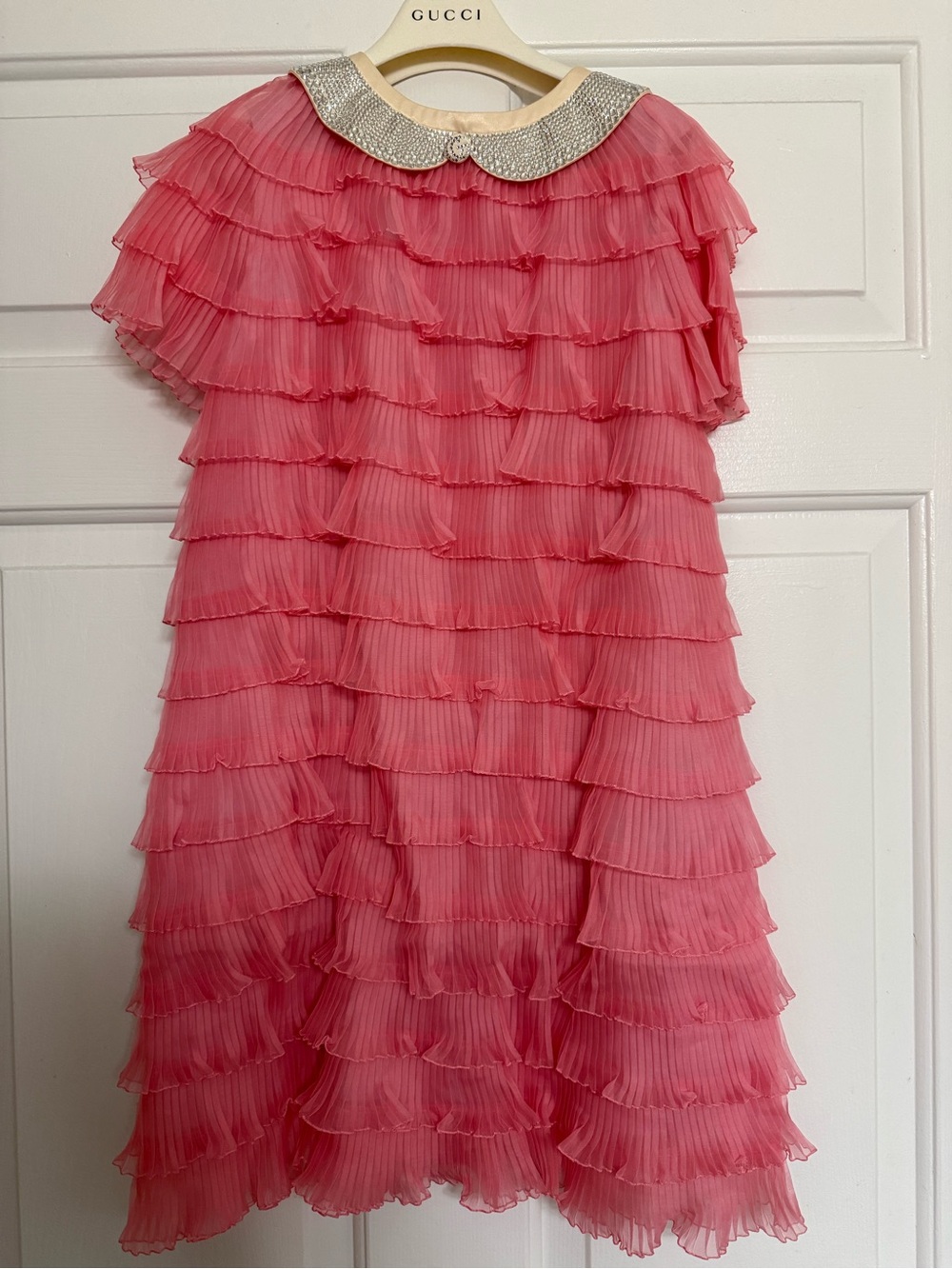 Gucci Pink Tiered Pleated Dress with Crystal Collar